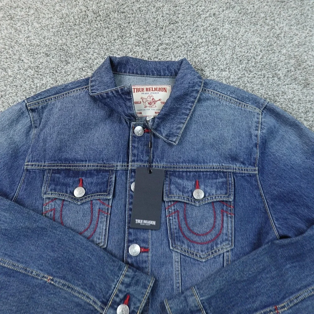 NEW True Religion Jacket Mens L Blue Denim Jean Coat Type 3 Trucker Horseshoe